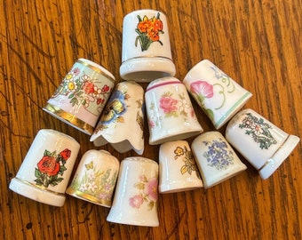 Vintage Collectible Porcelain and Bone China Thimbles, Flowers, set of 11