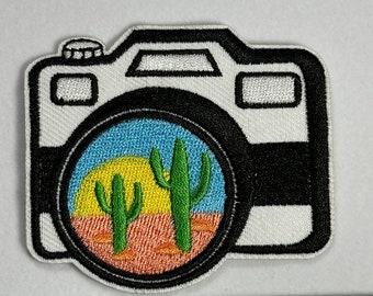 Cactus camera iron-on embroidery patch