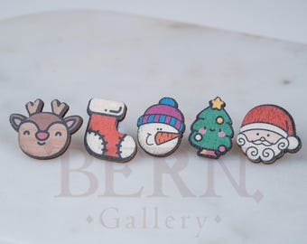 Christmas Wooden Earrings • Reindeer • Santa • Snowman • Tree Stocking Earrings • Festive Holiday Jewelry Gift