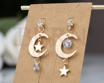 Asymmetry Moon Star Earrings • Crescent earring • Moon dangle earrings • Lunar jewelry • Gold star earrings • Asymmetrical earrings • Cz