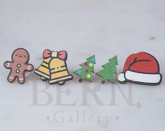 Christmas Wooden Earrings set B • Gingerbread Man • Bell • Santa Hat • Christmas Tree Earrings • Festive Holiday Jewelry Gift • Gift for her