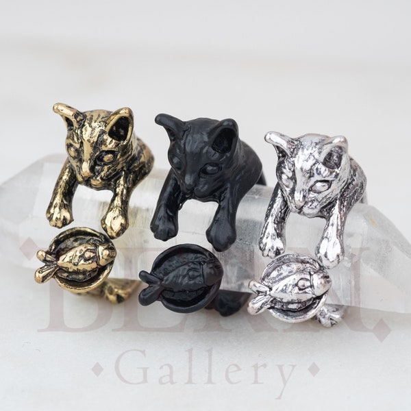 Plated Cat Eating Ring • Cat • Boho • Cat ears • Silver • Retro • Copper • Metal • Black • Pet • Fish • Dishes • Cat ring • Animal • Wrap