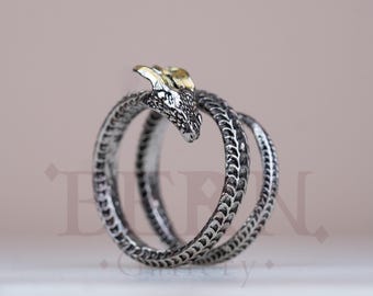 Dragon Ring with Gold Horns • Fantasy Animal Jewelry • Gothic Statement Ring • Punk • Gift for Her Him • Hippie • Punk • Bone • Skeleton