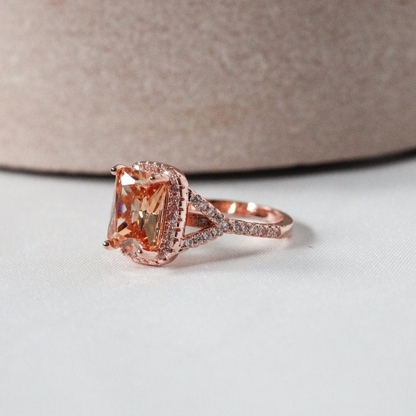 Cushion Cut Peach Morganite & Simulated Diamond Pavè CZ Rose Gold Ring | US sizes 6, 7, 8, 9, 10 (UK L, O, Q, S, U)