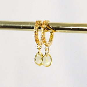 Pastel Pale Citrine Gem Drop Huggie Hoops in 14k Gold Vermeil, Gold Plated 925 Sterling Silver | November Birthstone