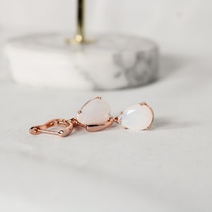 White Moonstone Gemstone Drop Earrings in Rose Gold Vermeil