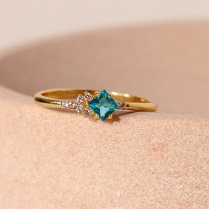 Aquamarine Princess Cut Cluster Ring in 14k Gold Plated Sterling Silver | March Birthstone | US sizes 6, 7, 8 (UK L, O, Q)