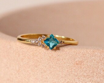 Aquamarine Princess Cut Cluster Ring in 14k Gold Plated Sterling Silver | March Birthstone | US sizes 6, 7, 8 (UK L, O, Q)