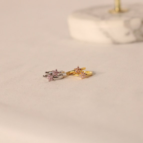 Rose Quartz Flower Huggie Hoop Earrings in 14k Gold Vermeil or Sterling  Silver January Birthstone - Etsy