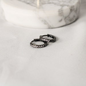 Black Sterling Silver & CZ Simulated Diamond Huggie Hoop Earrings Pair