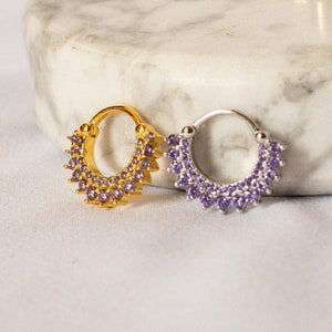 Amethyst Fan Single Clicker Huggie Hoop in 14k Gold Vermeil or Sterling Silver | Helix Daith Tragus Cartilage Septum | 18G 1.0mm Gauge