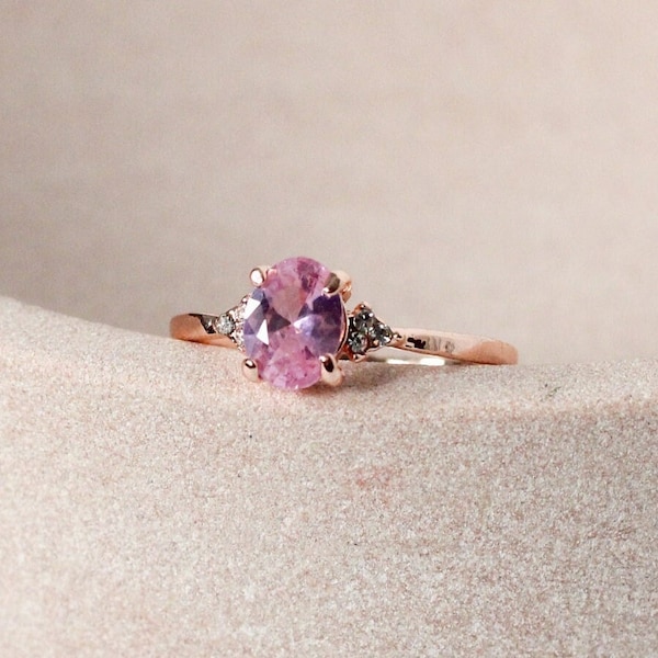 Oval Cut CZ Pink Sapphire & Simulated Diamond 3 Stone Rose Gold Ring | US sizes 6, 7, 8, 9, 10 (UK L, O, Q, S, U)