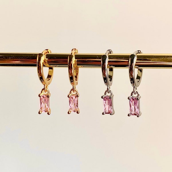 Rose Quartz Drop Baguette Cut Huggie Hoops in 14k Gold Vermeil or Sterling Silver | January Birthstone