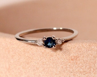 Blue Sapphire & Simulated Diamond Ring in Sterling Silver | September Birthstone | US Sizes 6, 7, 8 (UK L, O, Q)