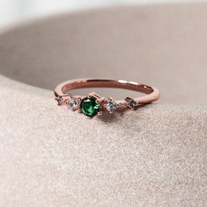 Dainty Emerald & Simulated Diamond CZ Cluster Rose Gold Ring | May Birthstone | US sizes 6, 7, 8, 9, 10 (UK L, O, Q, S, U)