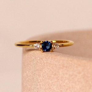 Blue Sapphire & Simulated Diamond Ring in 14k Gold Vermeil | September Birthstone | US Sizes 6, 7, 8 (UK L, O, Q)