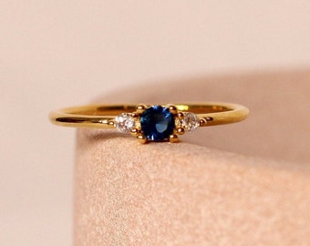 Blue Sapphire & Simulated Diamond Ring in 14k Gold Vermeil | September Birthstone | US Sizes 6, 7, 8 (UK L, O, Q)