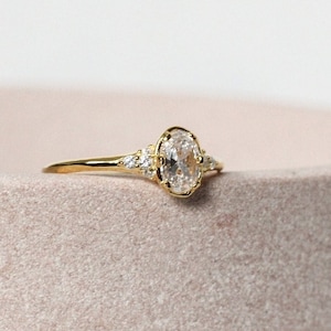 Vintage Inspired 1920s Bezel Set Oval Cut Simulated Diamond CZ Ring in 14k Gold | US sizes 6, 7, 8 (UK L, O, Q)