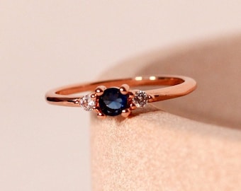 Blue Sapphire & Simulated Diamond Ring in Rose Gold Vermeil | September Birthstone | US Sizes 6, 7, 8 (UK L, O, Q)