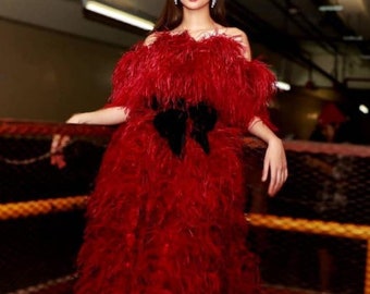 The Crimson Red Feather Dress Was Long Off The Shoulder, Very Beautiful And Elegant. Guaranteed Impression/ occasion as appropriate.