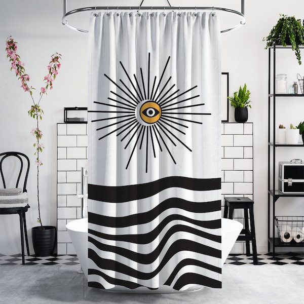 Sun Moon Eye Boho Shower Curtain, Mid-Century, Abstract Patterns, Minimalist, Bath Décor, Eco-Friendly, Waterproof