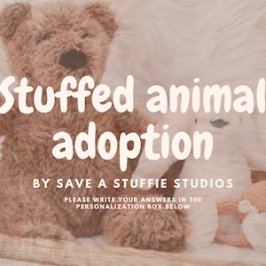 Può includere: Un orsacchiotto marrone chiaro e un coniglietto bianco di peluche sono in un cestino di vimini. L'immagine ha il testo "Stuffed animal adoption" e "BY SAVE A STUFFIE STUDIOS". È visibile anche un piccolo orsetto all'uncinetto.