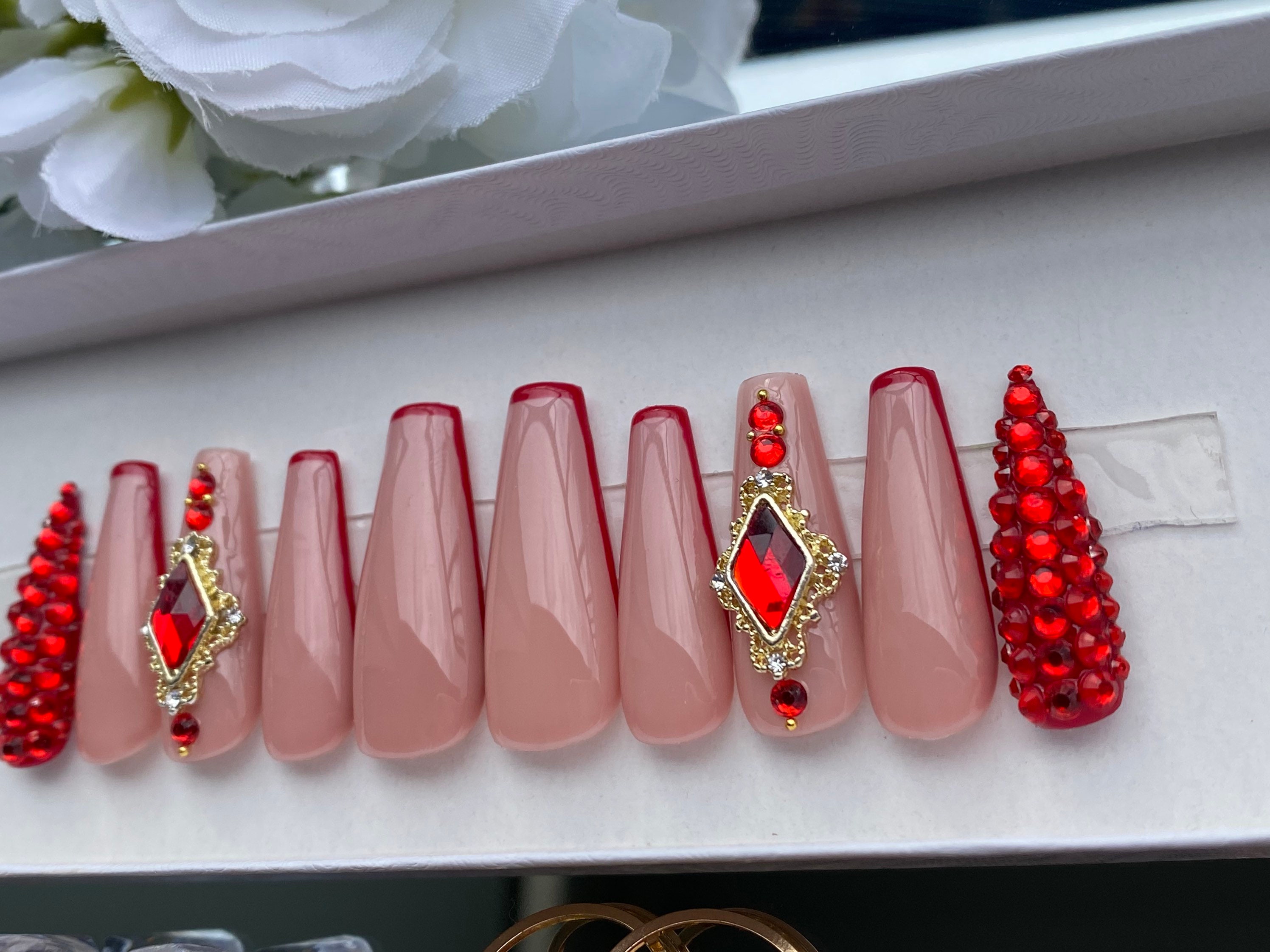 Ruby Jewel Tapered Coffin & Stiletto Press On Nails Luxury | Etsy
