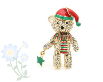 Rhinestone Bear Brooches For Women Enamel Hat Bear Christmas Animal Brooch Pins Gifts