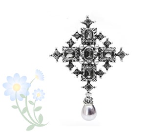 Cross Brooches Unisex Women Vintage Crystal Simualted-Pearl Royal Suit Pins Jewelry Gift