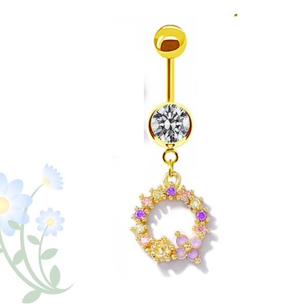 Crystal Flowers and Multi Colored Gem Set Circle Dangle Belly Button Navel Ring Double Jeweled 316L Surgical Steel