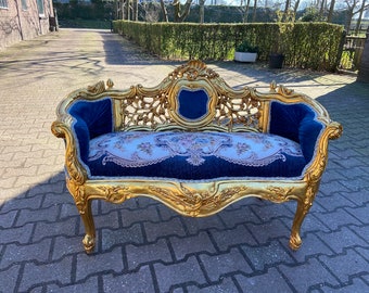 French Louis XVI Style Settee in Blue Velvet / damask and Gold Frame