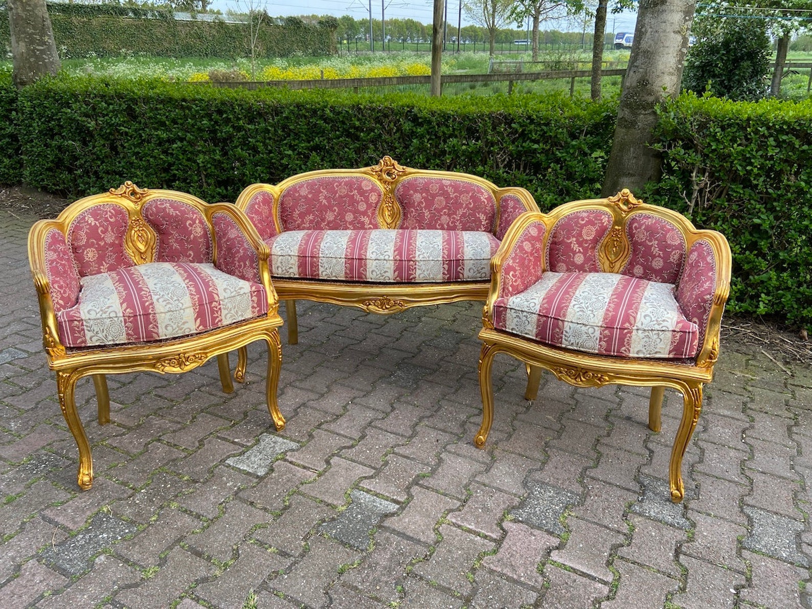 French Style Sofa Set in Damask Red Stripes3 Pieces Etsy