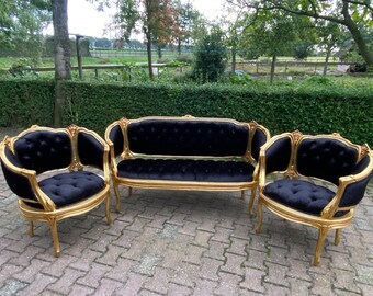 1950's French Louis XVI Corbeille Sofa Set in Black -3 Pieces-