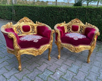 Pair of Louis XVI Style Throne or Arm Chairs, Paint Decorated Frames