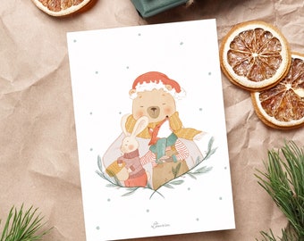 Animal Christmas card, bear fox rabbit, greeting card