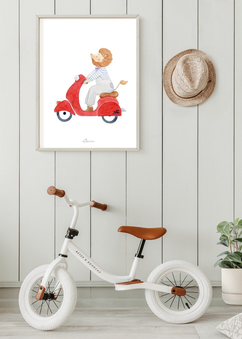 Cartel de la habitación del león bebé, cartel del león en scooter, decoración de la habitación del niño, regalo de nacimiento imagen 7