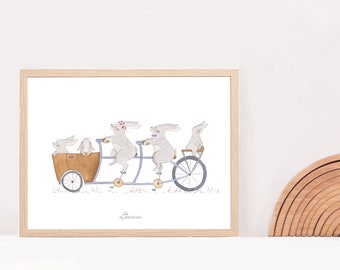 Cartel infantil bicicleta conejo, cartel habitación bebé, decoración habitación bebé, regalo nacimiento, ilustración habitación niño