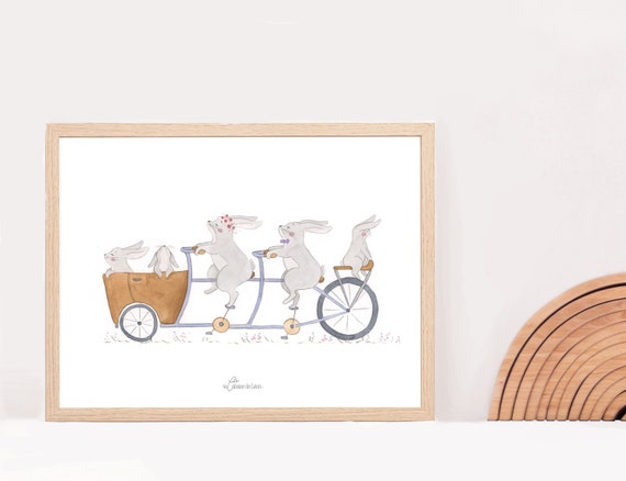 Affiche enfant lapin vélo, poster chambre bebe, décoration chambre bebe, cadeau naissance, illustration chambre enfant