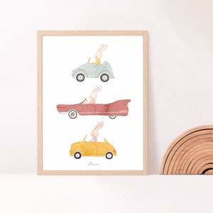 Poster Kaninchen im Auto - Wanddekoration Kinderzimmer - Süßes Tierposter