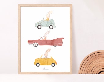 Póster de conejo en coche - Decoración de pared para dormitorio infantil - Póster de animales adorables