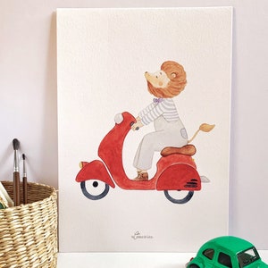 Cartel de la habitación del león bebé, cartel del león en scooter, decoración de la habitación del niño, regalo de nacimiento imagen 2