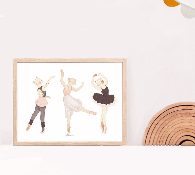 Cartel de la habitación de la bailarina del bebé, cartel de bailarina infantil, decoración de la pared de la habitación del bebé, regalo de nacimiento del gato imagen 1