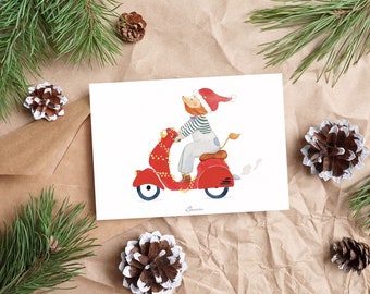 Scooter lion Christmas card, animal greeting card