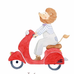 Cartel de la habitación del león bebé, cartel del león en scooter, decoración de la habitación del niño, regalo de nacimiento imagen 4