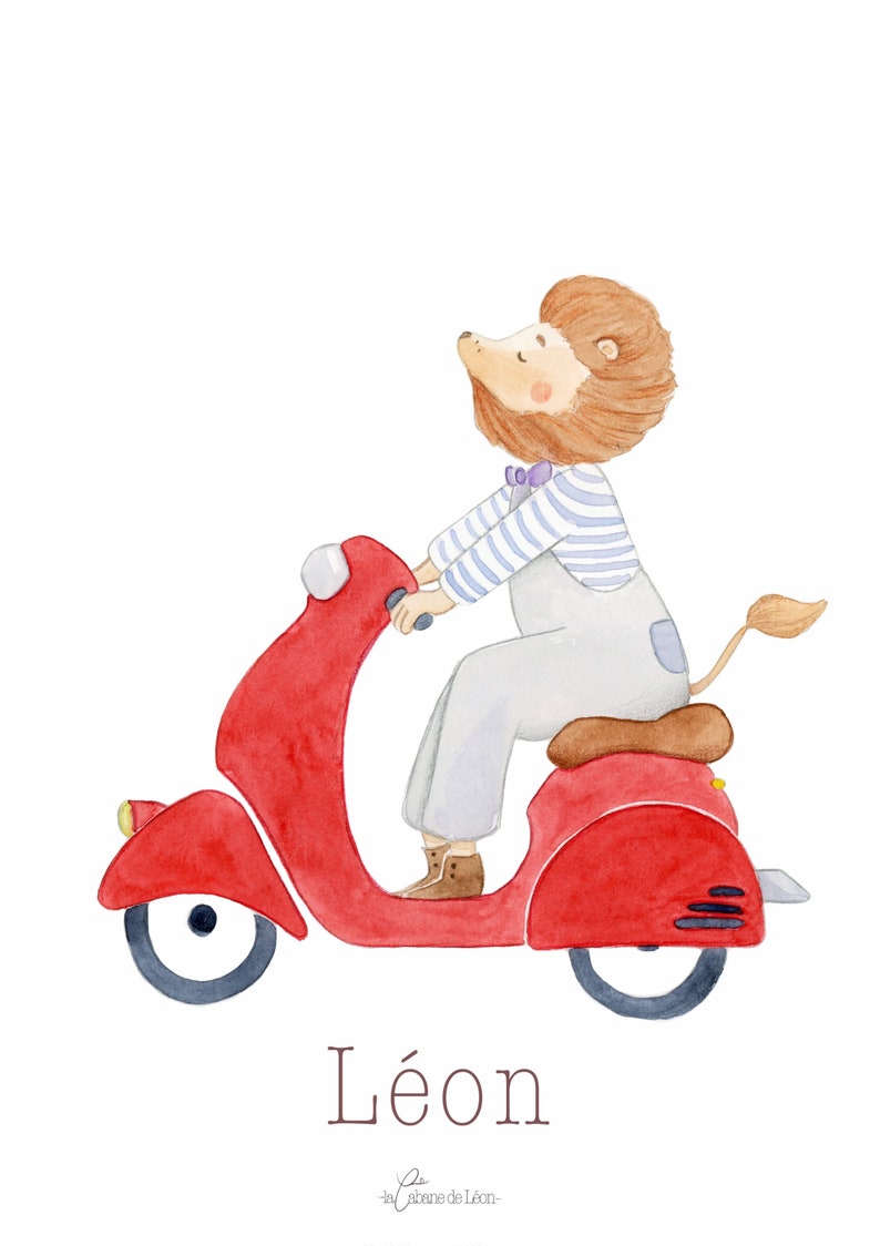 Cartel de la habitación del león bebé, cartel del león en scooter, decoración de la habitación del niño, regalo de nacimiento imagen 4