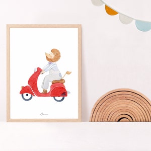 Cartel de la habitación del león bebé, cartel del león en scooter, decoración de la habitación del niño, regalo de nacimiento imagen 3