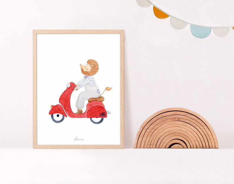 Cartel de la habitación del león bebé, cartel del león en scooter, decoración de la habitación del niño, regalo de nacimiento imagen 3