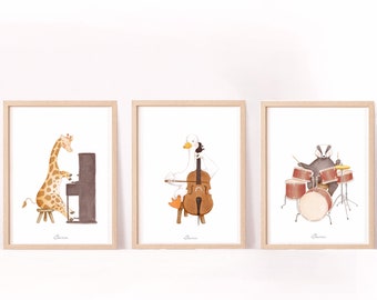 Lote de 3 carteles, carteles de animales para habitación de bebé, carteles de música, decoración de habitación de bebé, nacimiento