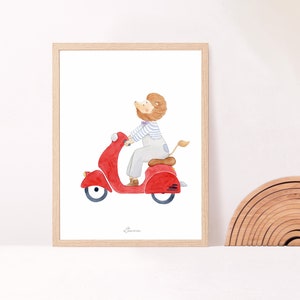 Cartel de la habitación del león bebé, cartel del león en scooter, decoración de la habitación del niño, regalo de nacimiento imagen 1