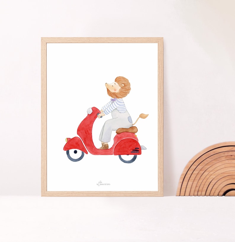 Cartel de la habitación del león bebé, cartel del león en scooter, decoración de la habitación del niño, regalo de nacimiento imagen 1